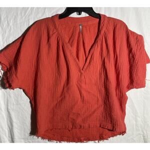 Young Fabulous And Brooke Top XS, Coral Gauze, Unfinished Hems Flutter Sleeves